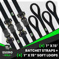 Rhino USA Medium Duty Ratchet Strap Tie-Down 4-Pack - Black, 1,823 lbs Break Strength with Safety Clips and Velcro Securing Straps