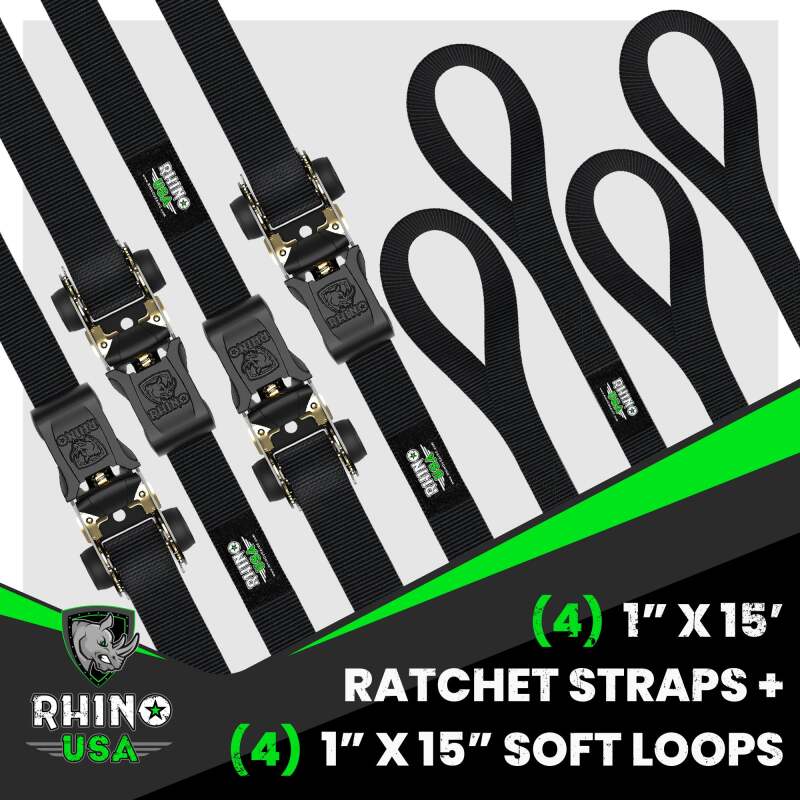 Rhino USA Medium Duty Ratchet Strap Tie-Down 4-Pack - Black, 1,823 lbs Break Strength with Safety Clips and Velcro Securing Straps