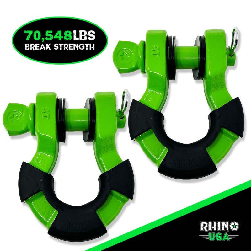 Rhino USA 8 Ton Super Shackle 2-Pack (Green) - Heavy-Duty Power Sports Shackles with 70,548 lbs Capacity