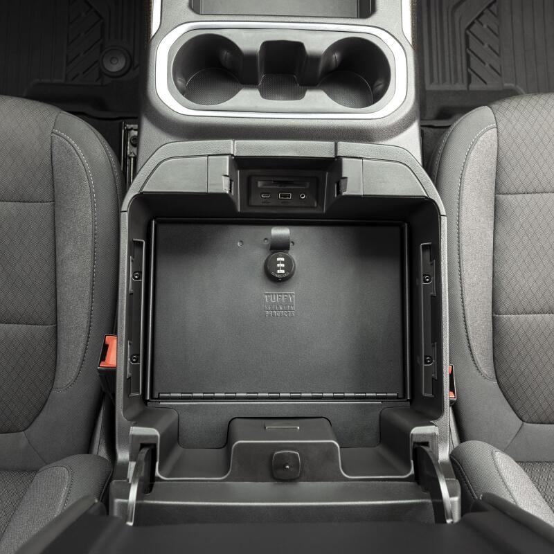 Tuffy Products Console Safe with Combo Lock for Chevrolet Silverado and GMC Sierra Flow-Thru Console (Black) - Part #356-01-A
