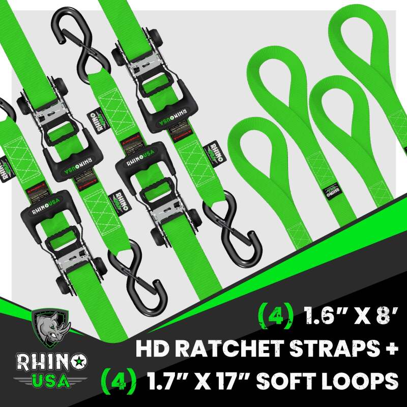 Rhino USA Heavy Duty Ratchet Tie-Down 4-Pack (Green) - 1.6 in x 8 ft
