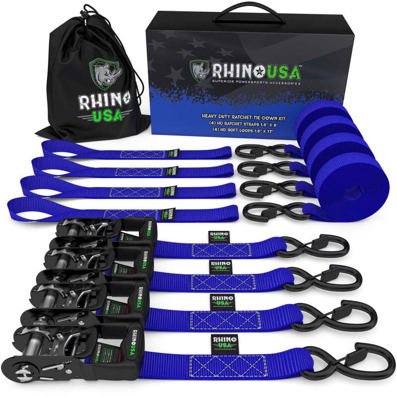 Rhino USA Heavy Duty Ratchet Tie-Down 4-Pack – 1.6 Inch x 15 Feet with Blue Straps