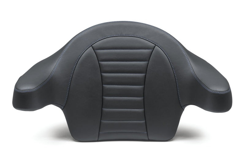 Mustang Motorcycle 93-13 HD FL Touring Extended Arm Wrap-Around Passenger Backrest in Black with Blue Stitching