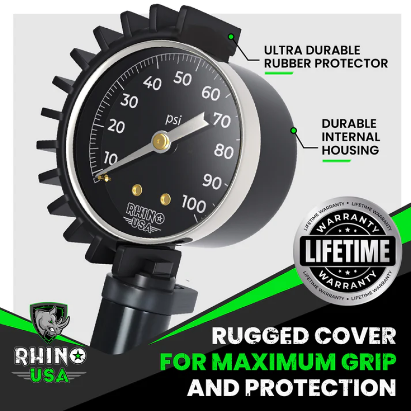 Rhino USA 100 PSI Analog Tire Inflator Gauge for Powersports Vehicles