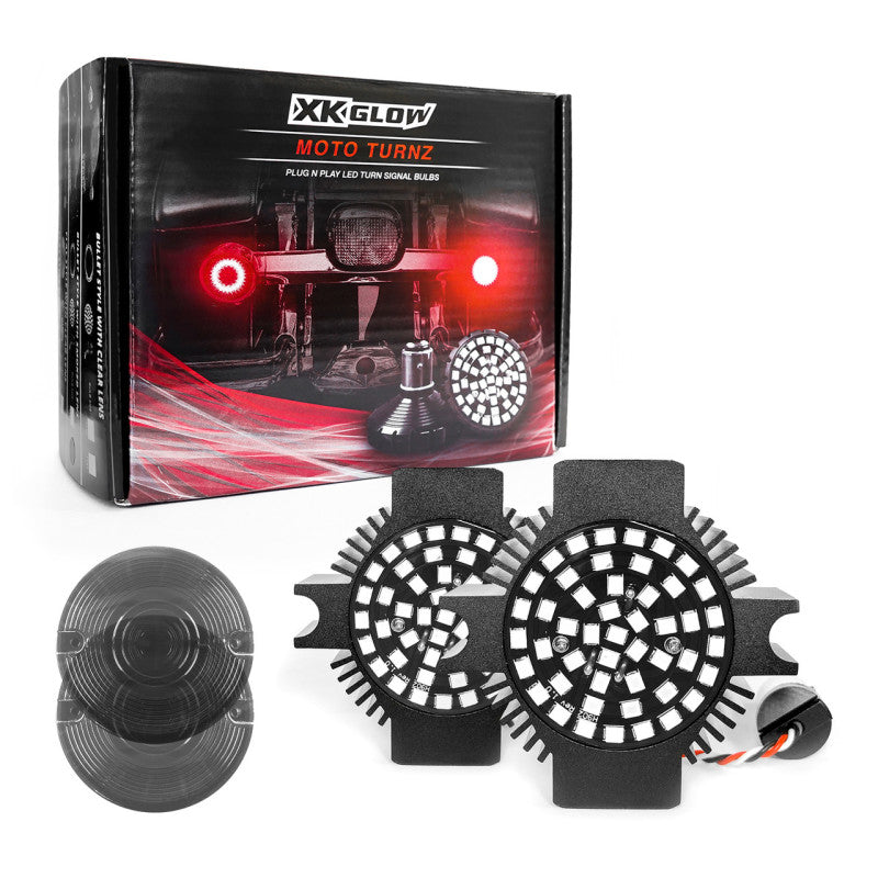 XKGLOW XK1157F-RR-S Motorcycle Rear LED Turn Signal Kit with Red Halo Ring - Flat Style Smoked Lenses