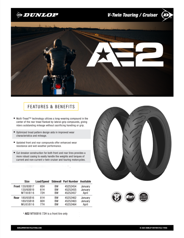 Dunlop AE2 Bias Front Tire - 130/60B19 M/C 67H TL for Cruiser and Touring Motorcycles