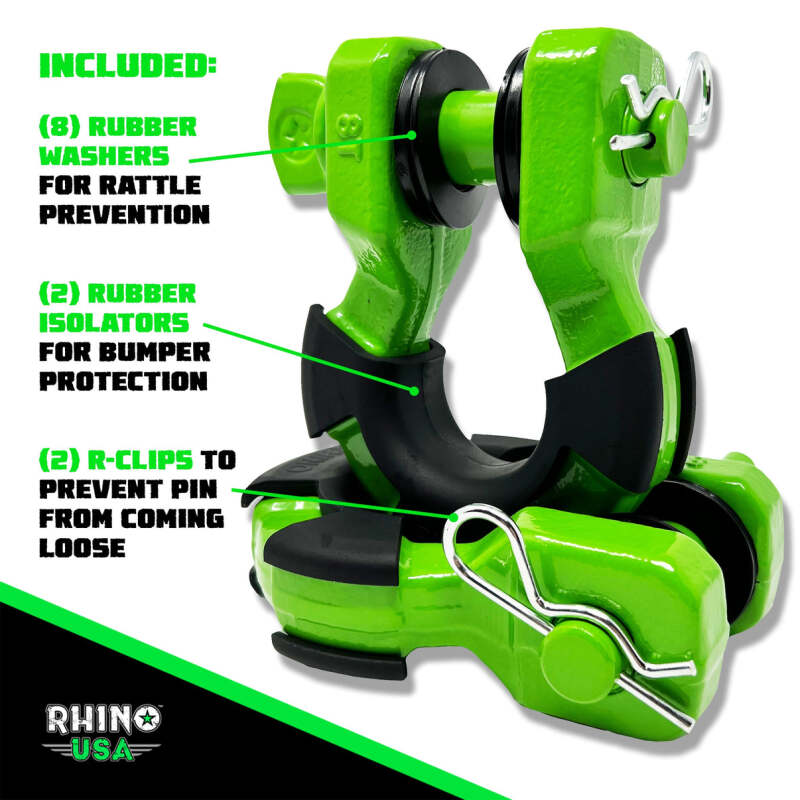 Rhino USA 8 Ton Super Shackle 2-Pack (Green) - Heavy-Duty Power Sports Shackles with 70,548 lbs Capacity
