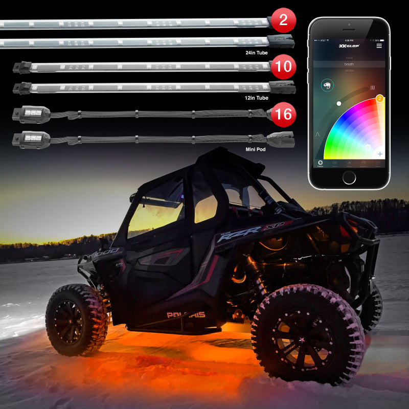 XKGLOW XK-UTV-STA Million Color App-Controlled Offroad UTV Lighting Kit with 2x24-Inch Tubes, 10x12-Inch Tubes, and 16 Pods