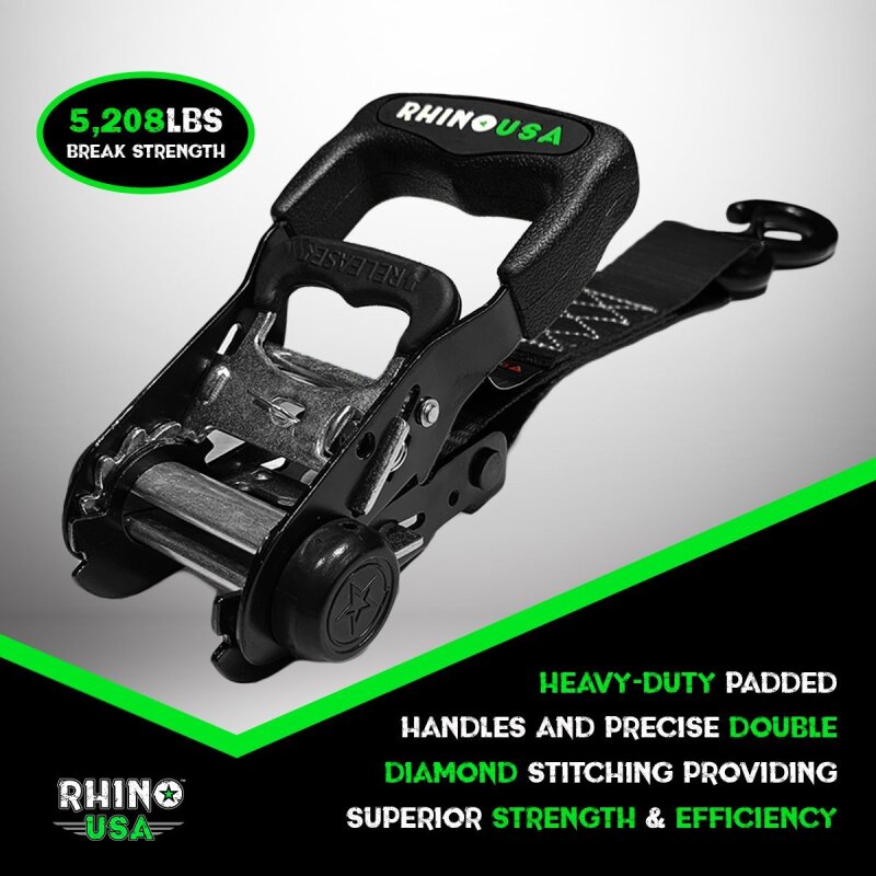 Rhino USA Heavy Duty Ratchet Tie-Down 4-Pack (Black) - 1.6 Inch x 8 Feet
