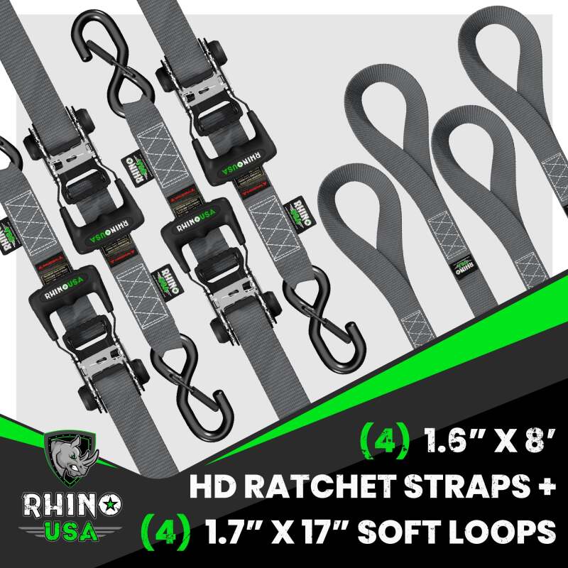 Rhino USA Heavy Duty Ratchet Tie-Down Set (Gray) – 1.6 in x 8 ft, 4-Pack for Secure Cargo Transport