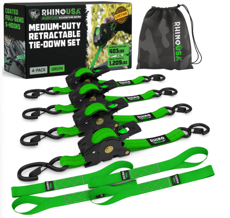Rhino USA Retractable Ratchet Straps 4-Pack 1 Inch x 10 Feet Green