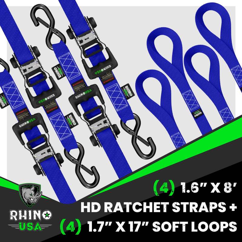 Rhino USA Heavy Duty Ratchet Tie-Down 4-Pack (Blue) - 1.6 inch x 8 ft, Secure Cargo Straps