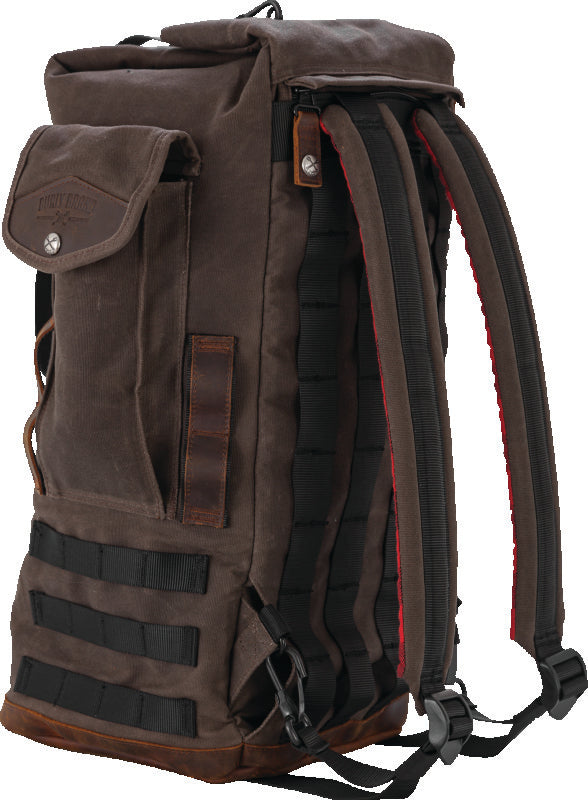 Burly Brand Voyager Sissy Bar Backpack - Dark Oak with Leather Paneling and Multi-Carry Options