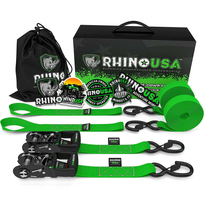 Rhino USA Heavy Duty Ratchet Tie-Downs 2-Pack (Green), 1.6 Inch x 8 Feet