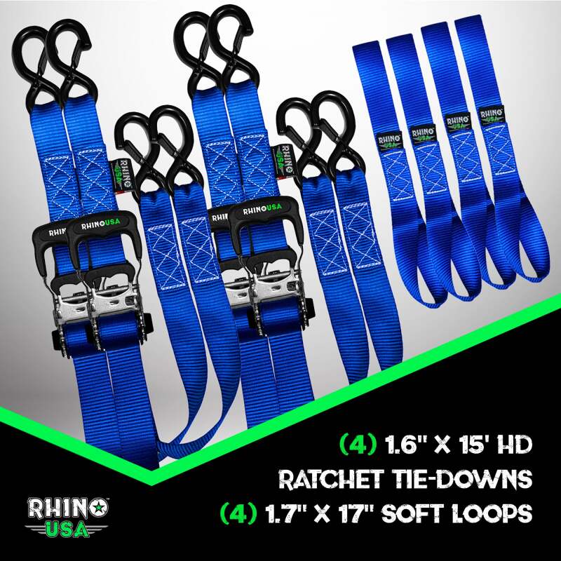 Rhino USA Heavy Duty Ratchet Tie-Down 4-Pack – 1.6 Inch x 15 Feet with Blue Straps