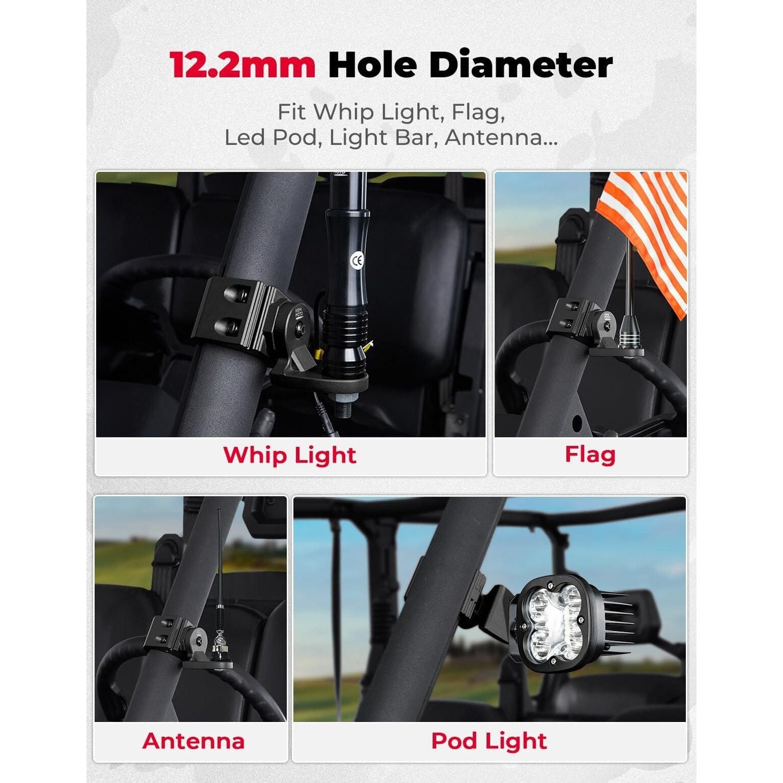 Kemimoto Polaris Ranger UTV Flag Mounts Pro Fit Cage Whip Light