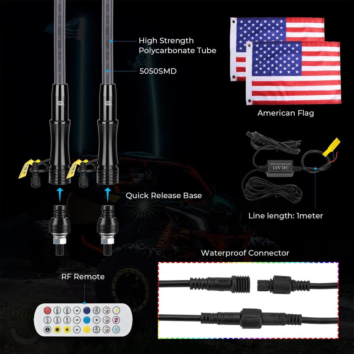 Kemimoto Polaris Ranger 4ft Black Limited LED Whip Light w/ RF Remote Control - 2Pcs