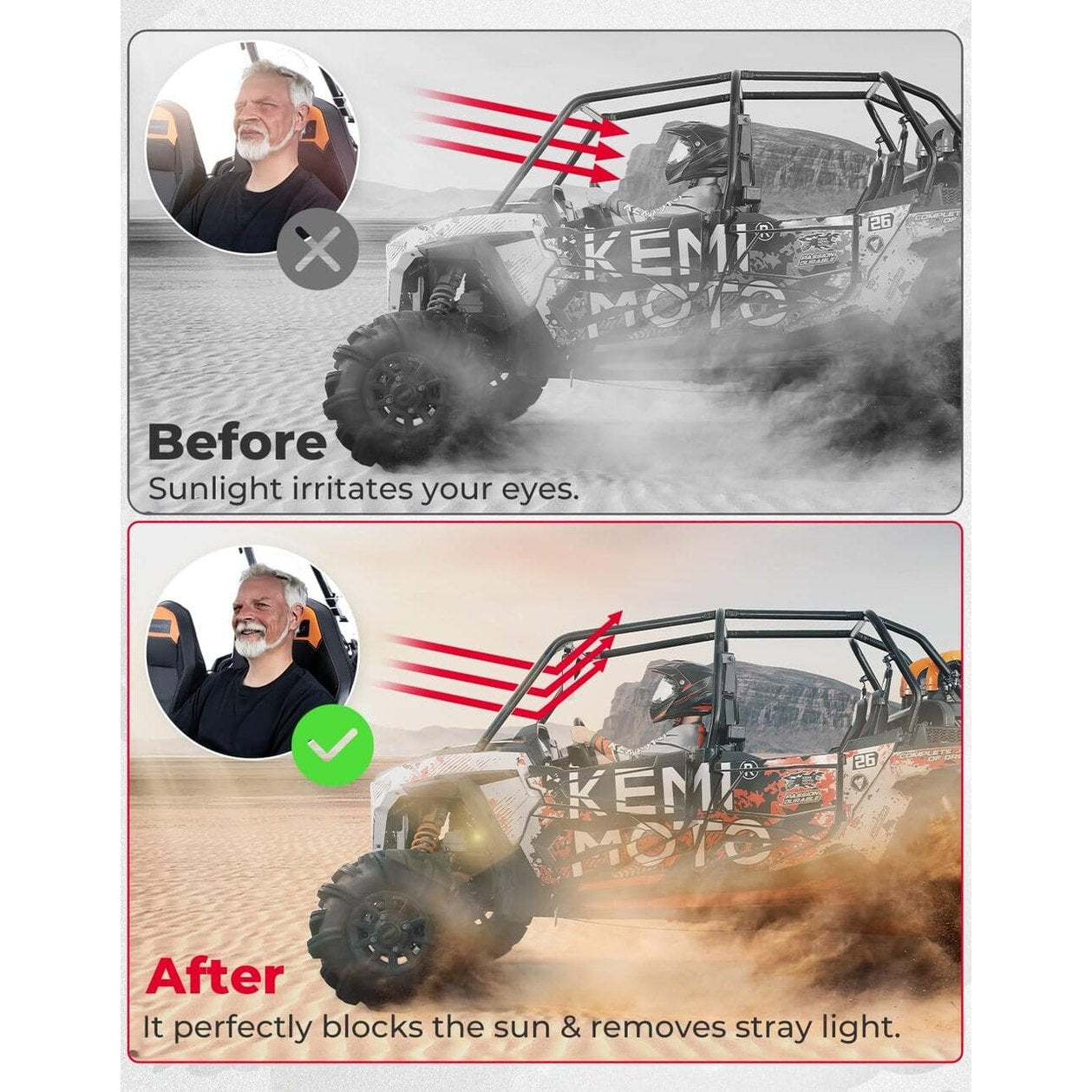 Kemimoto 1.5”-2” Roll Bars Oversized Upgraded UTV Sun Visor Mirror