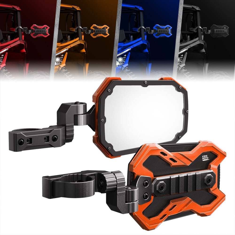 Kemimoto 1.65-2 Inch Roll Bar CNC UTV X Mirror w/ Integrated Light Mount - 1 Pair