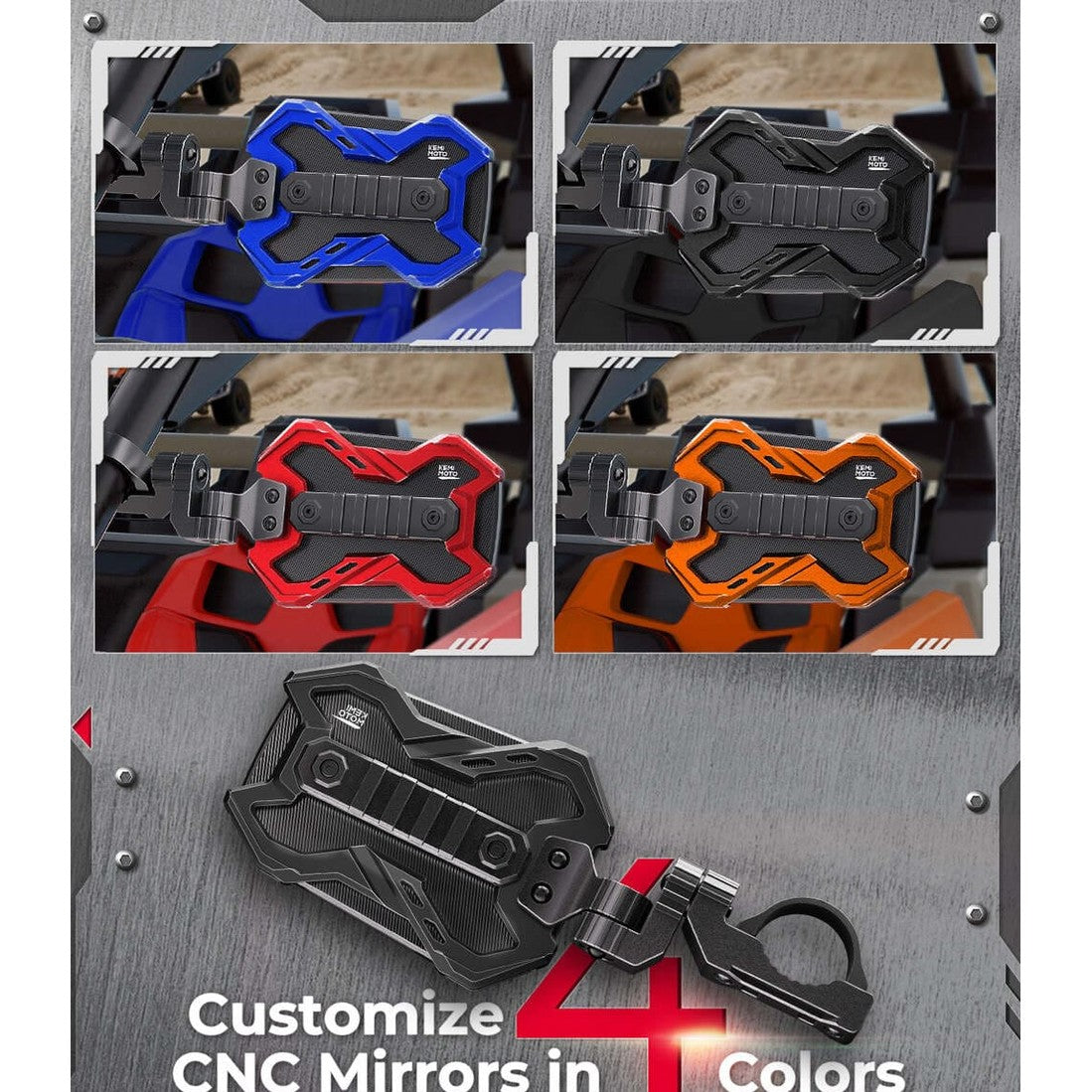 Kemimoto 1.65-2 Inch Roll Bar CNC UTV X Mirror w/ Integrated Light Mount - 1 Pair
