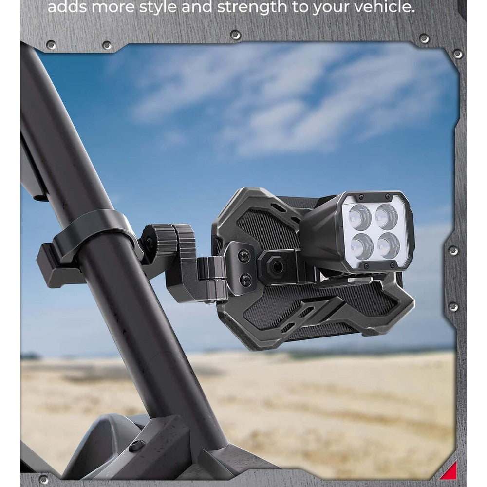 Kemimoto 1.65-2 Inch Roll Bar CNC UTV X Mirror w/ Integrated Light Mount - 1 Pair