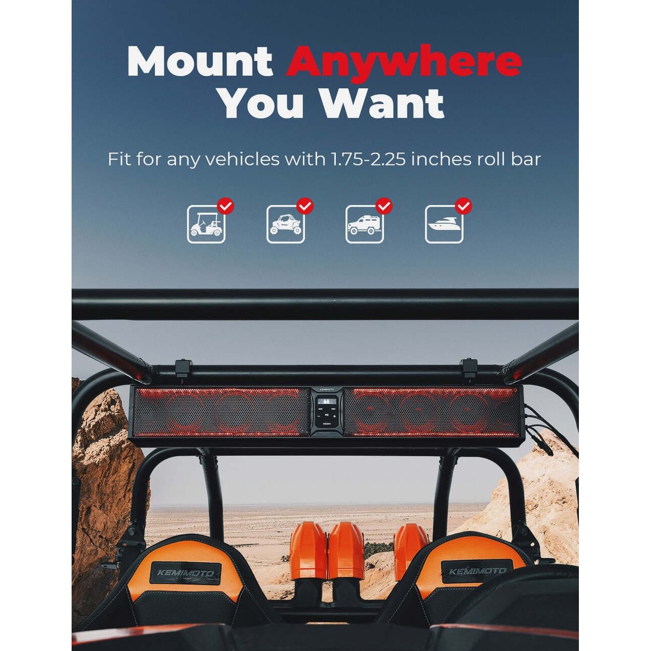 Kemimoto 1.75''-2.25'' Roll Bar 8-Speaker RGB UTV Bluetooth Sound Bar - 33"