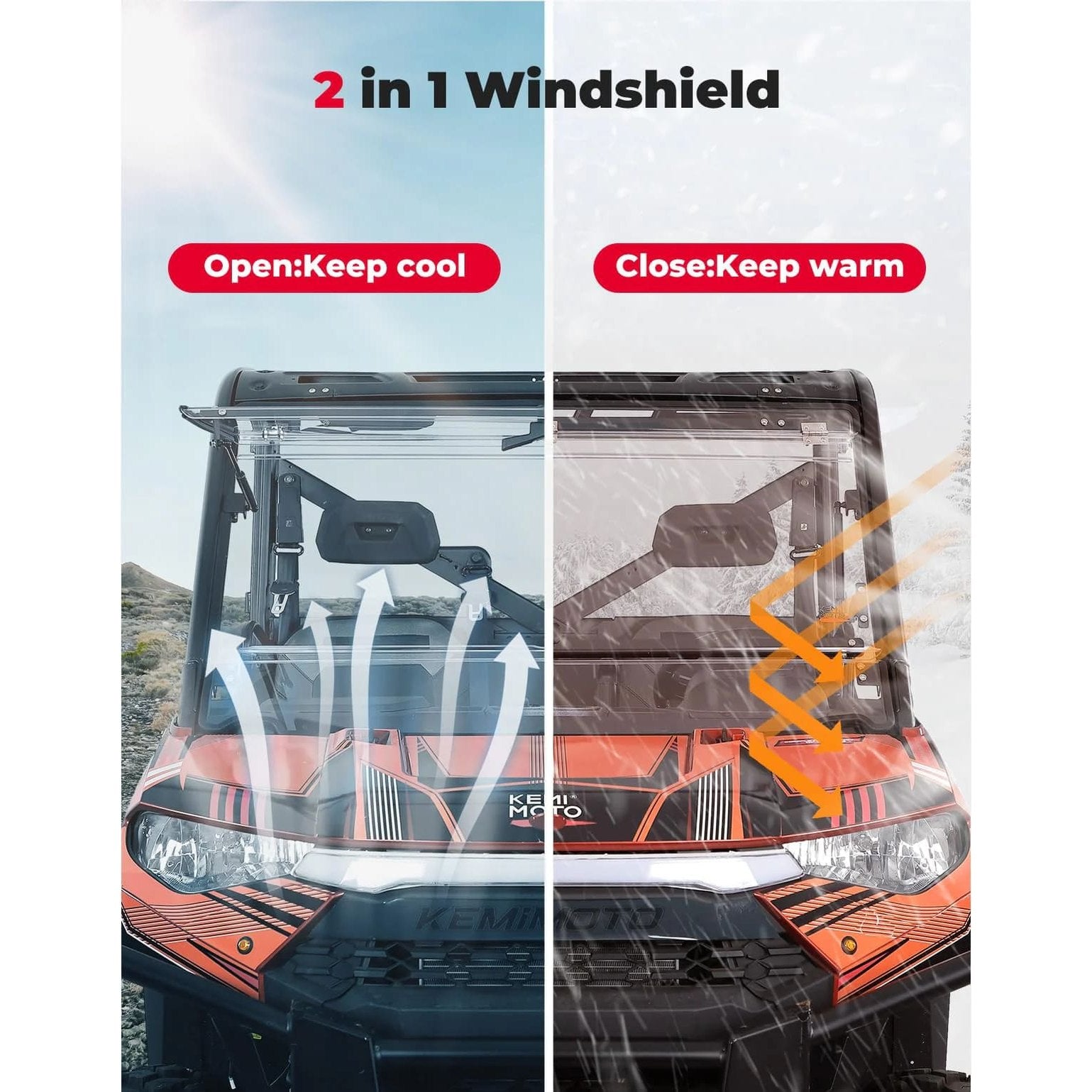 Kemimoto '14-'25 Polaris Ranger XP 1000 2-in-1 Flip Windshield