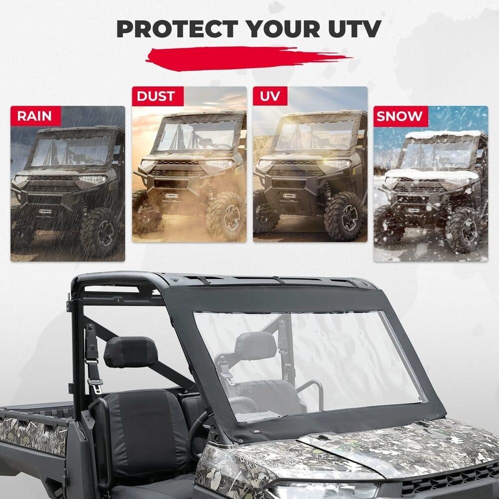 Kemimoto '17-'24 Polaris Ranger XP 1000 PVC Waterproof Panel Soft Front Windshield