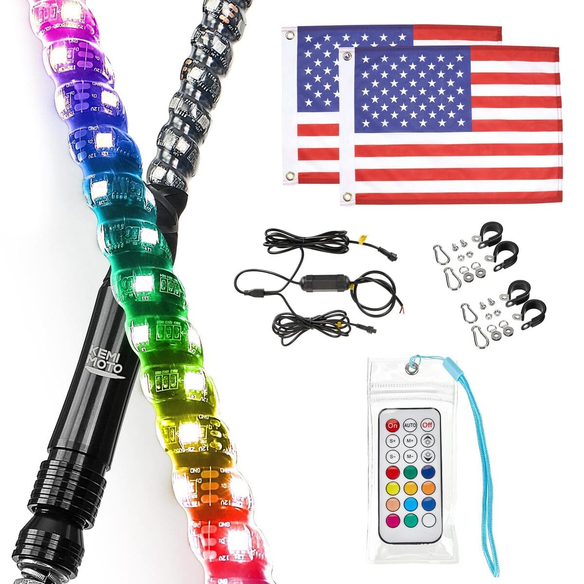Kemimoto 1Ft/ 2Ft 2 PCS Spiral Whip Light Bluetooth Control