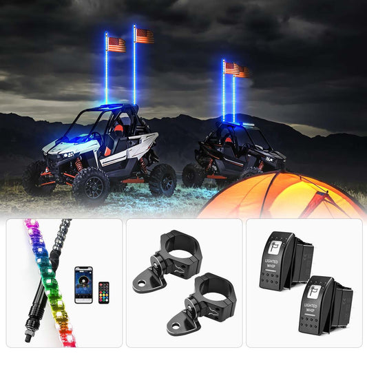 Kemimoto 2PCS Whip Light w/RF, APP Control & Flag Mount & 12V Switch On-off