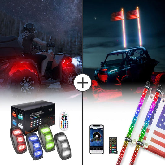 Kemimoto UTV/ATV 4-8 Pods RGB Rock Light Kit & Spiral Whip Lights