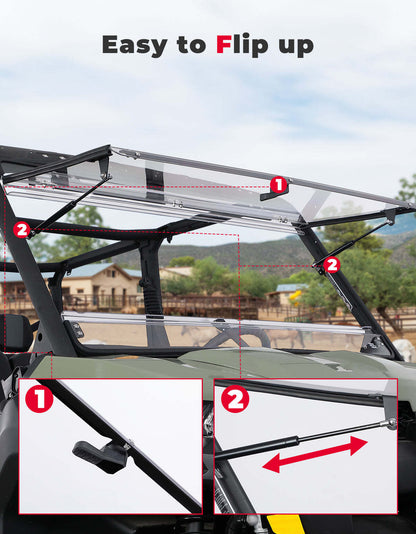 Kemimoto Can-Am Defender HD5/8/10 2-in-1 Flip Windshield 1/5" Thick Polycarbonate