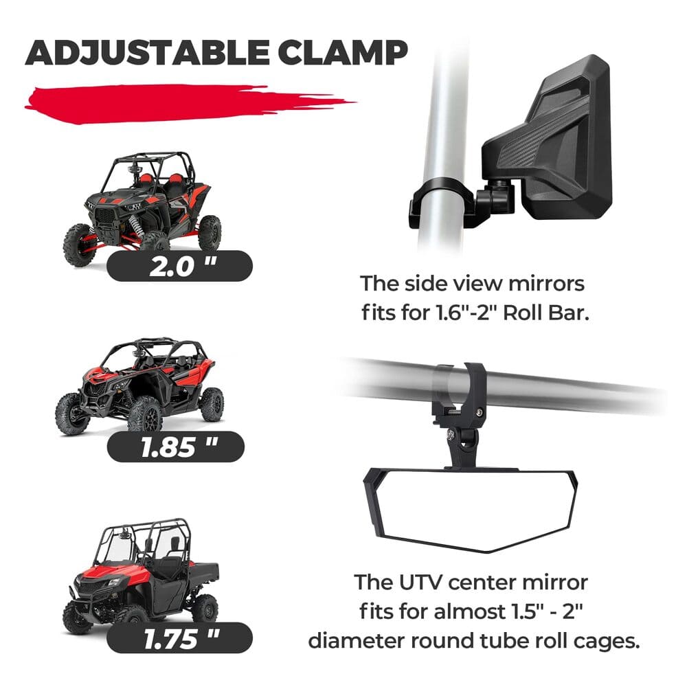 Kemimoto Can-Am Maverick X3 / RZR 1.6"-2" Roll Bar UTV Side Mirrors & Center Mirror