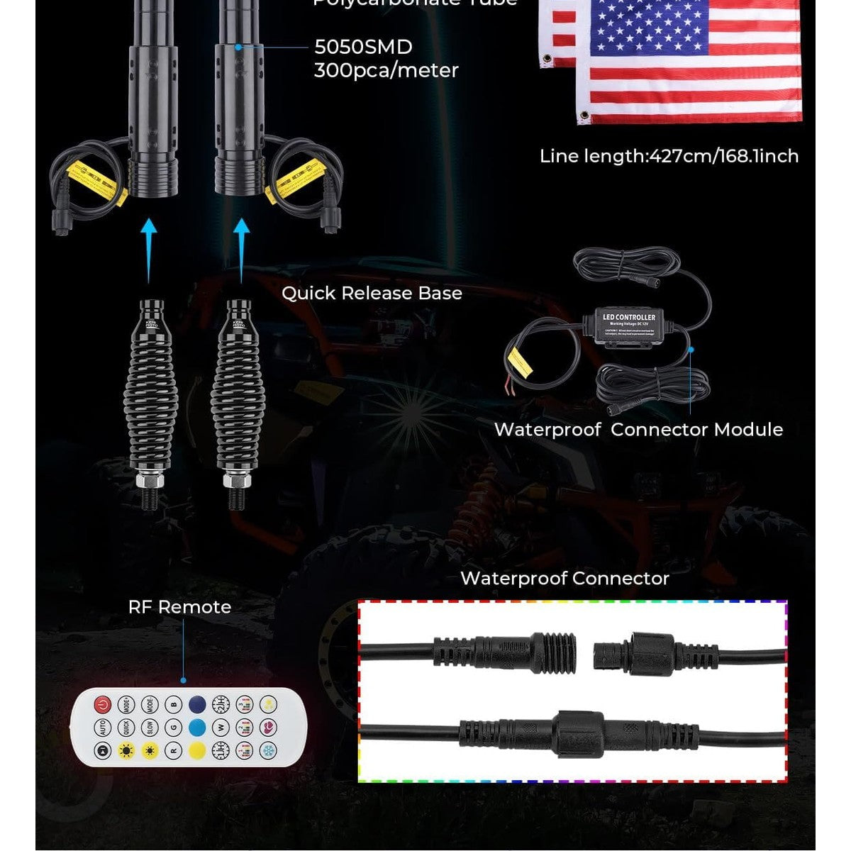 Kemimoto Can-Am Maverick X3 UTV 3ft/ 4ft Whip Lights w/ Spring Base - 2 Pcs