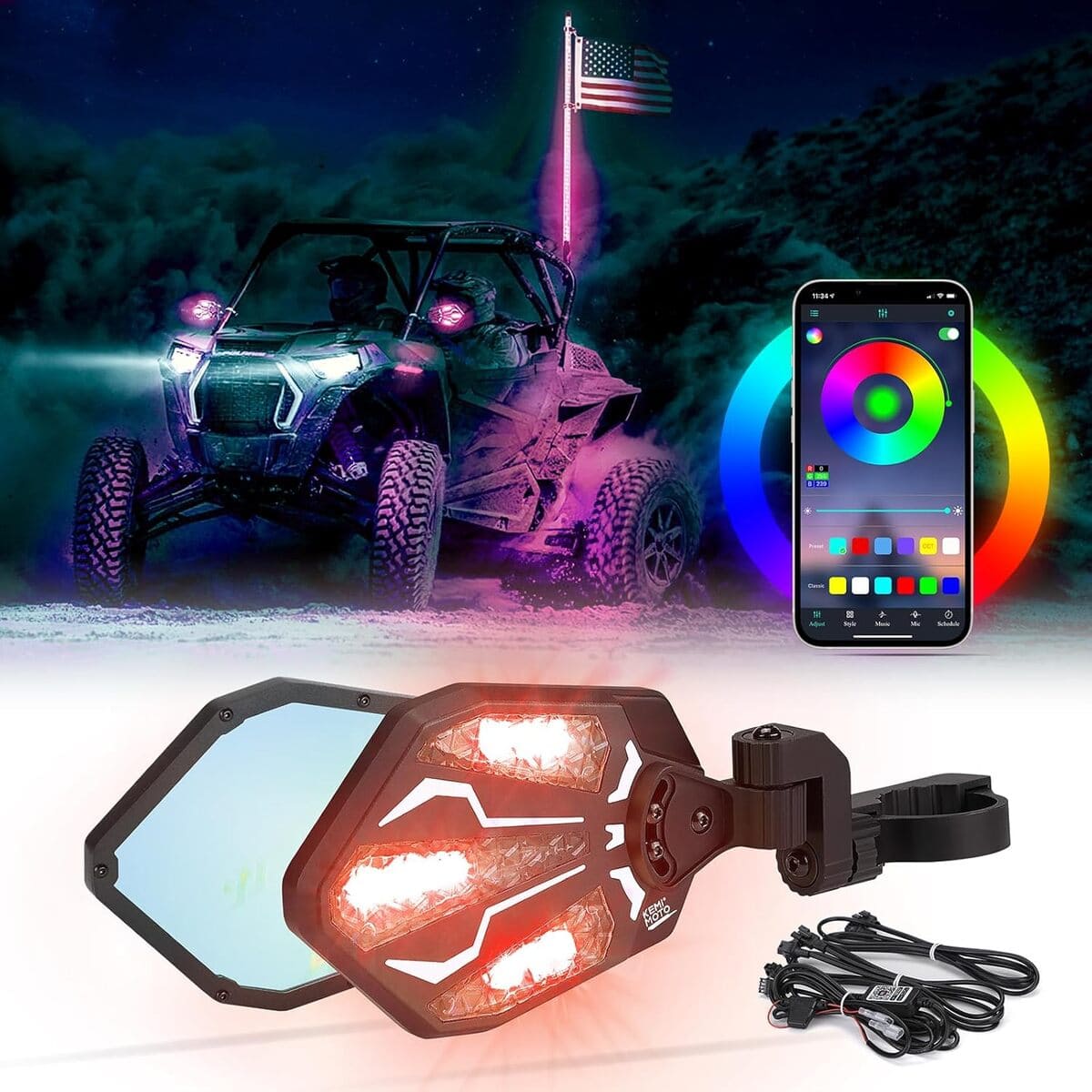 Kemimoto Can Am Maverick X3 UTV Aluminium RGB Side Mirrors w/ 1.6"-2" Roll Bar - 1 pair