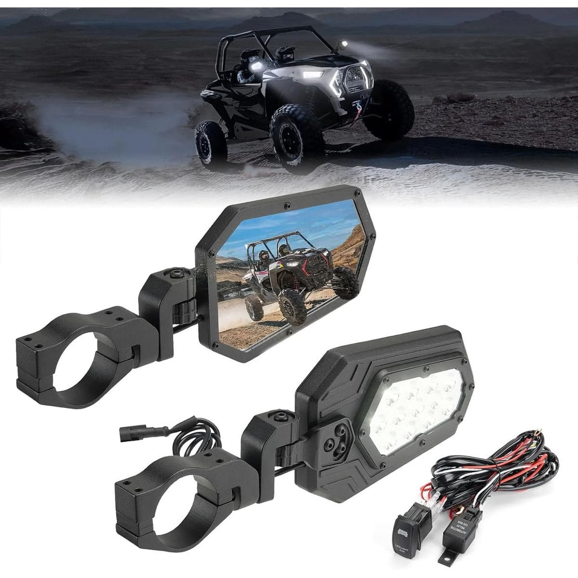 Kemimoto Can-Am Maverick X3 UTV Side Mirrors Lights w/ 1.75"-2" Roll Bar