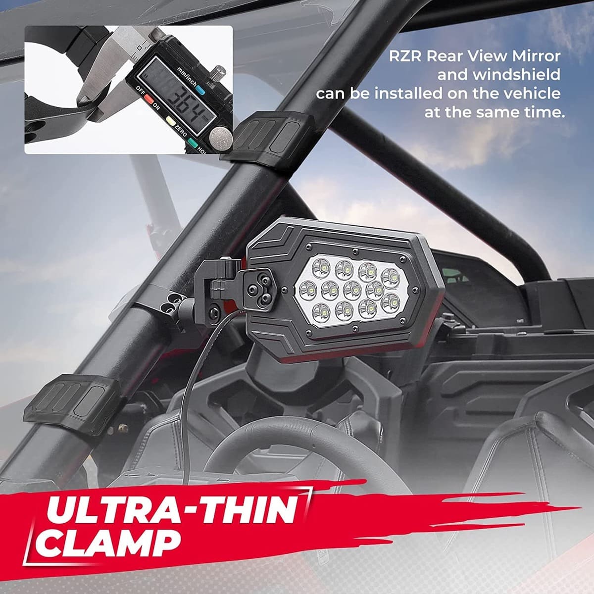 Kemimoto Can-Am Maverick X3 UTV Side Mirrors Lights w/ 1.75"-2" Roll Bar