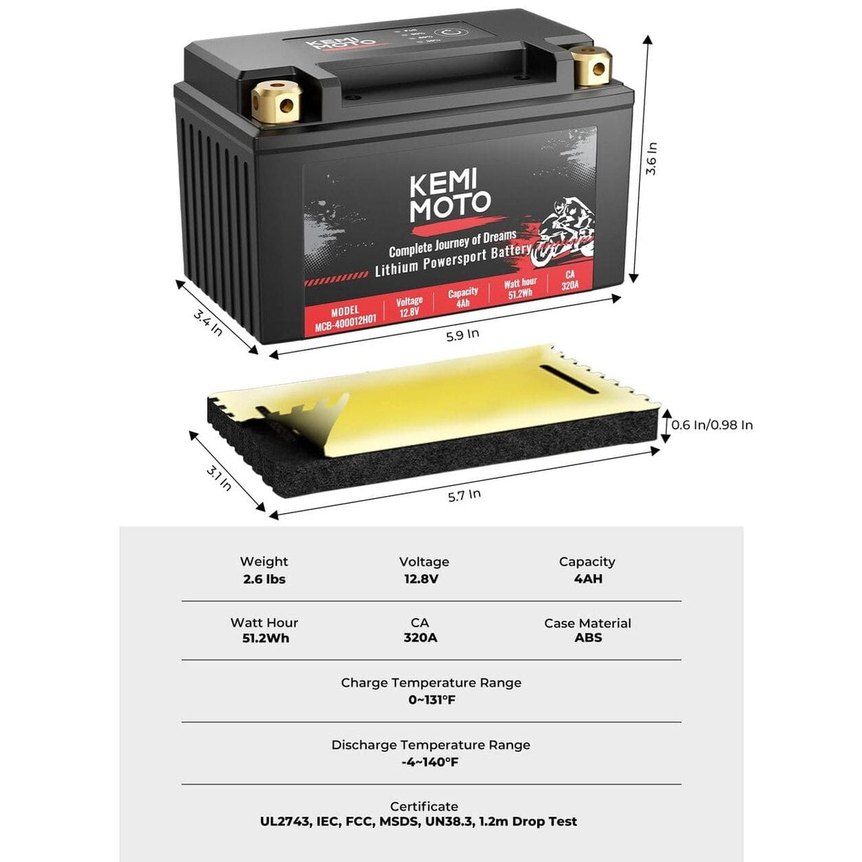 Kemimoto ATV/UTV Life PO4 12v 4Ah Lithium Battery
