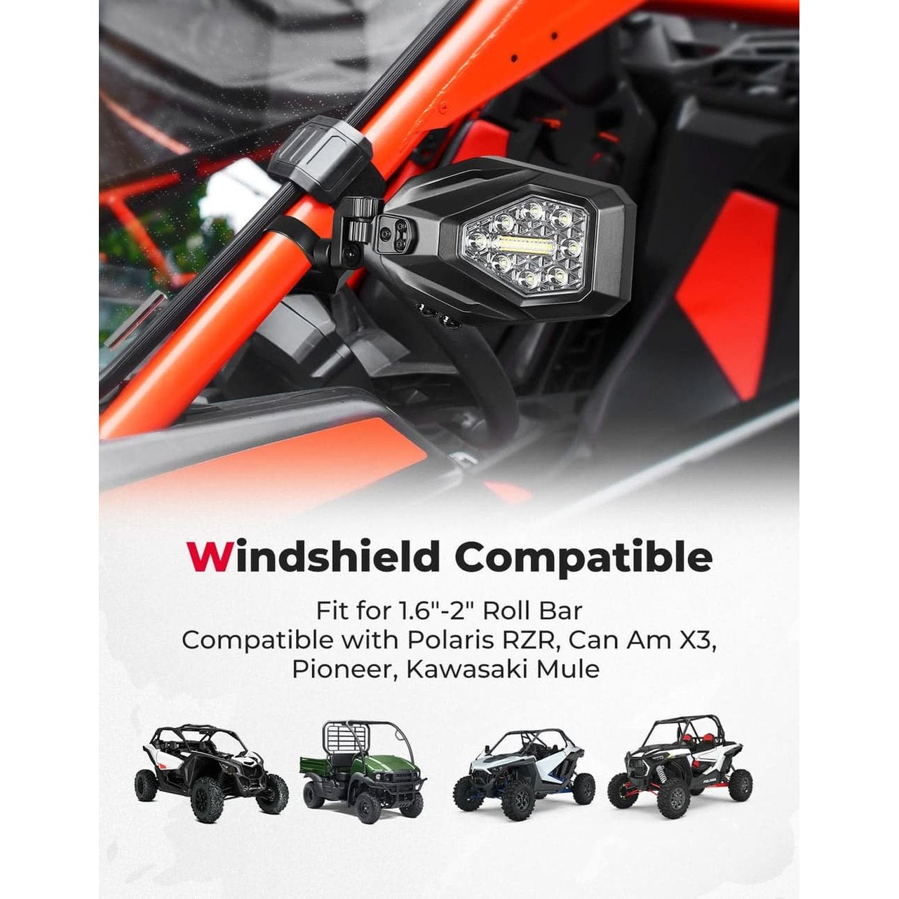 Kemimoto Polaris 1.6"-2" Roll Bar UTV LED Lighted Side Mirrors w/ Flowing Turn Signal