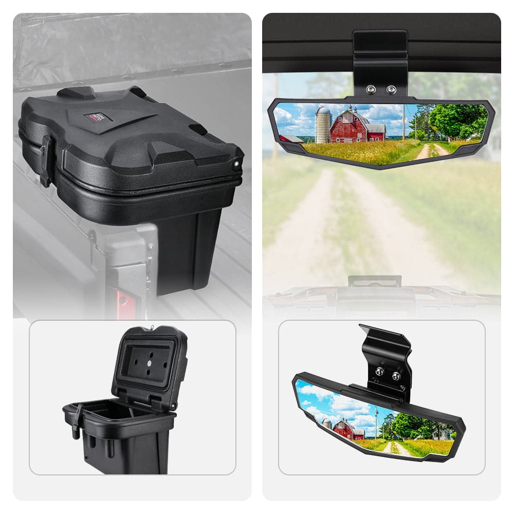 Kemimoto '16-'24 Polaris Ranger XP 1000 Cargo Storage Device Tool Box & Rear Mirror View