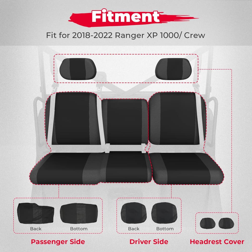 Kemimoto Polaris Ranger XP 1000 Split Bench Seat Covers - 6 PCs