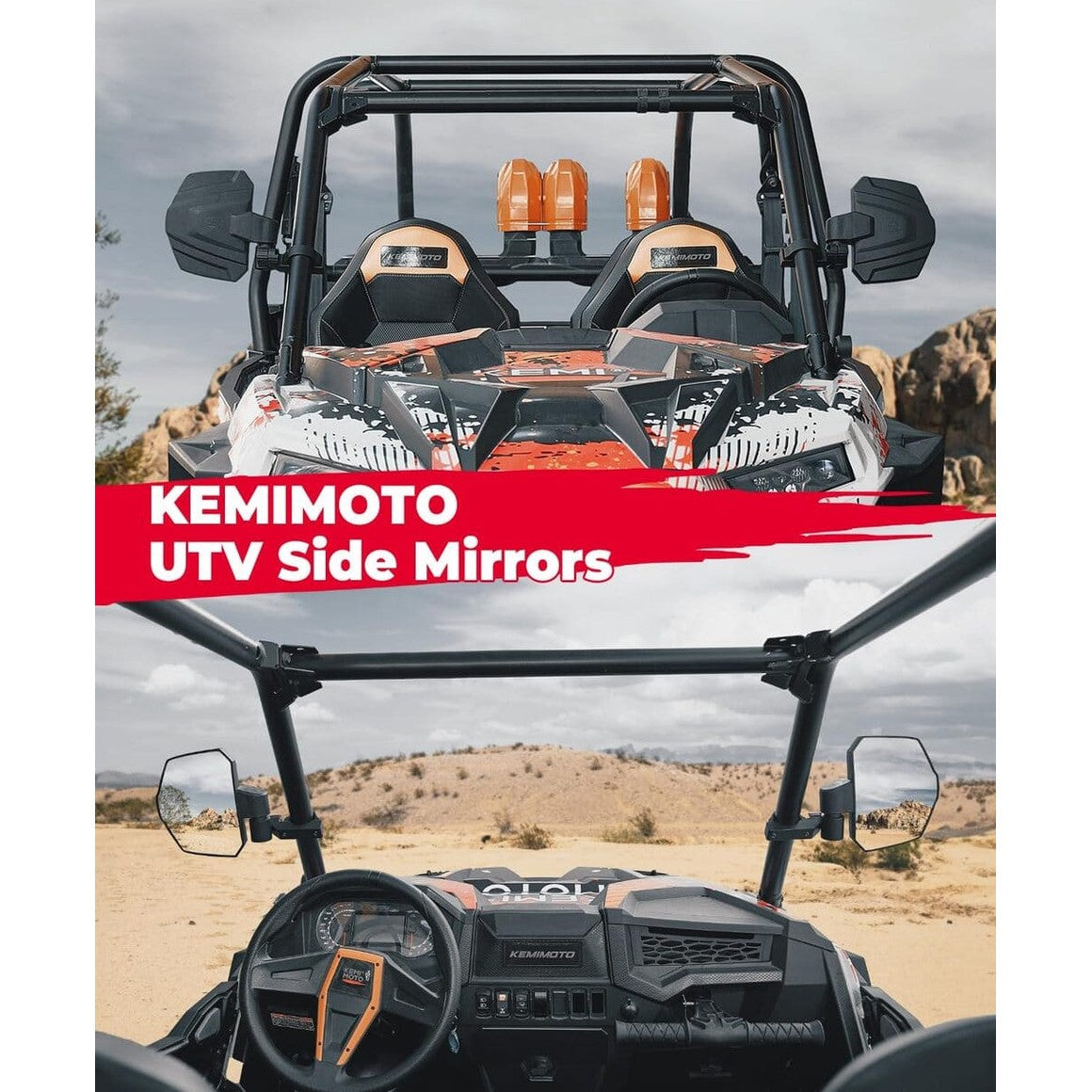 Kemimoto Polaris RZR Pro R 1.65"-2" UTV Universal Large Side View Mirrors Roll Bar