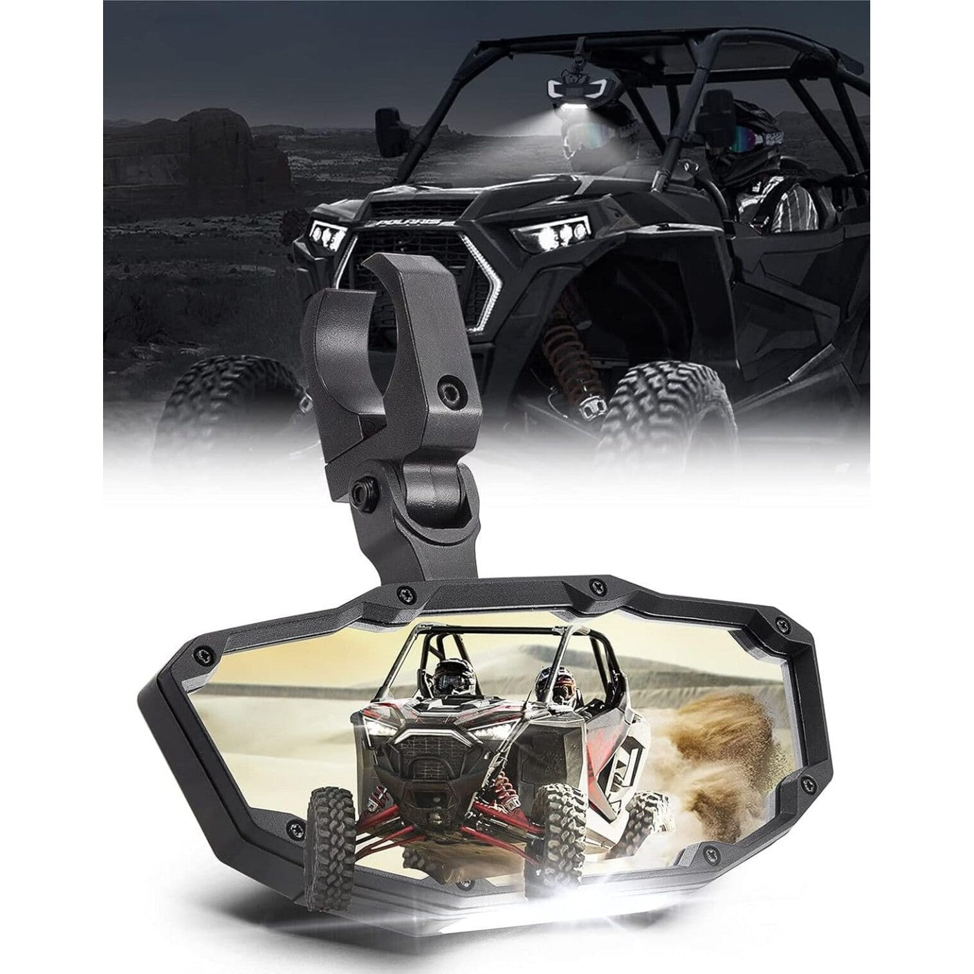 Kemimoto Polaris RZR Pro XP 1.65"-2" Roll Bar Rear View Mirror w/ Light Built-in Rechargeable Battery