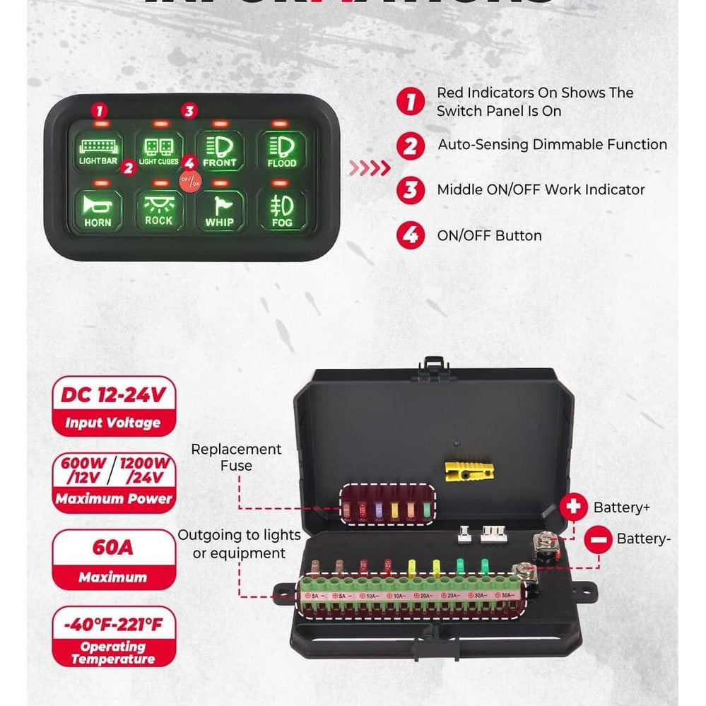 Kemimoto Polaris RZR UTV 12-24V 8 Gang Switch Panel