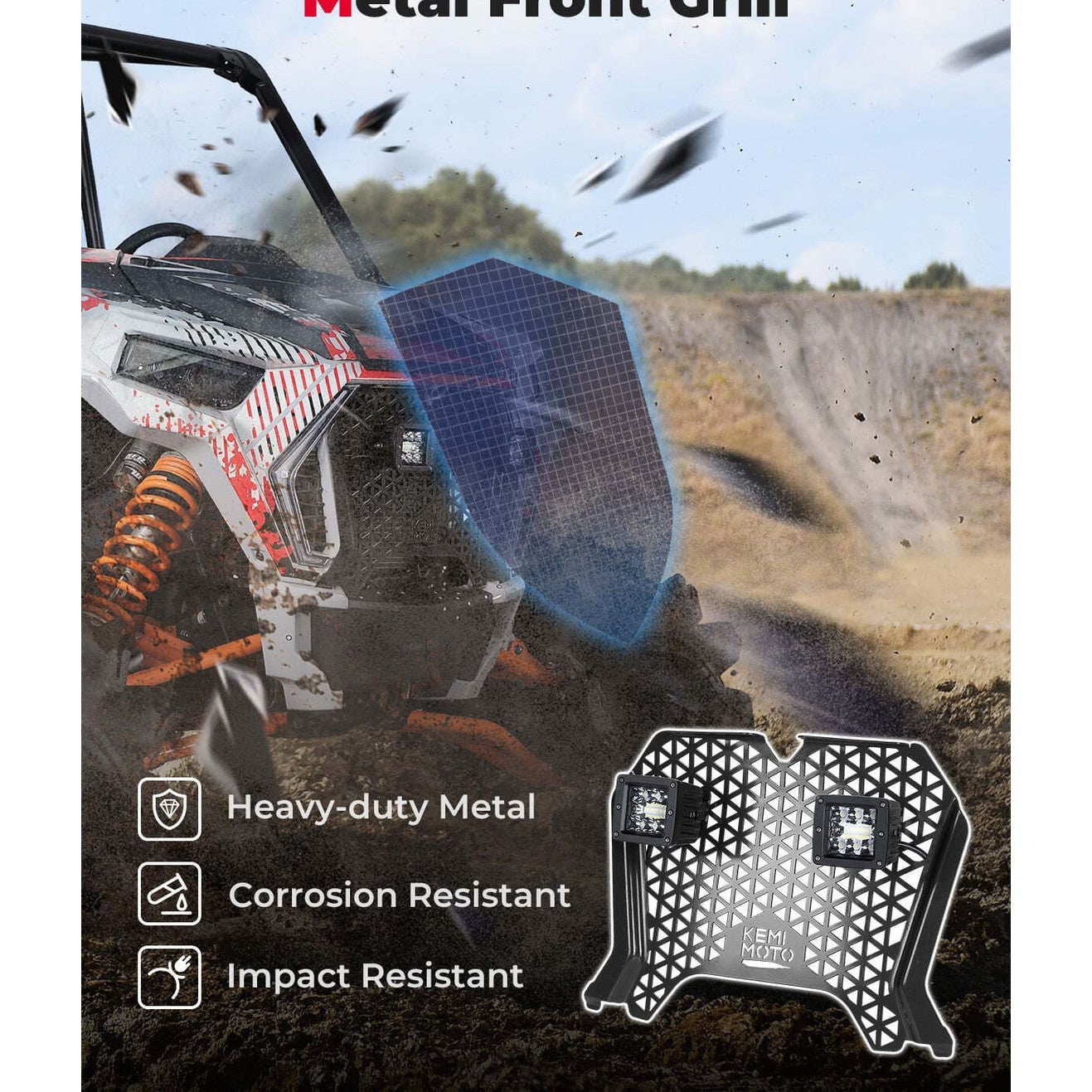 Kemimoto Polaris RZR XP 1000 UTV Metal Front Grill Light