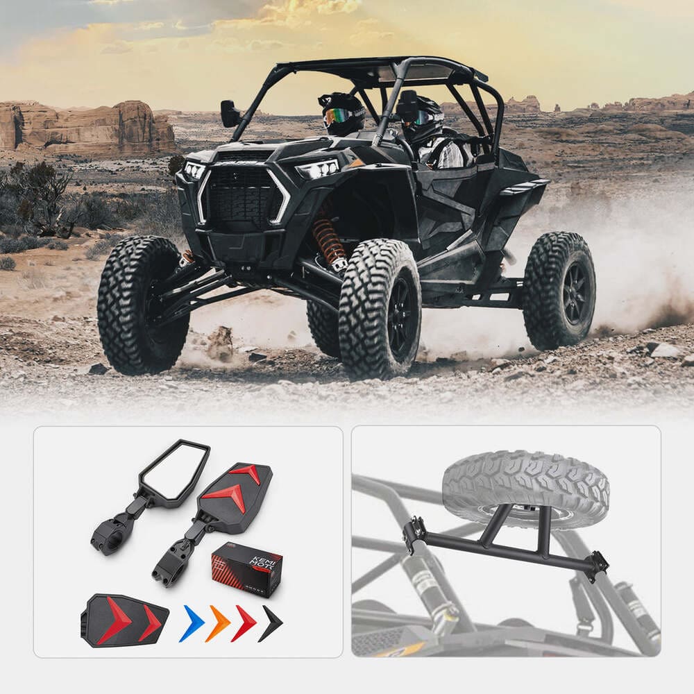 Kemimoto Polaris RZR XP Turbo Side Rear View Mirrors & Spare Tire Carrier Mount