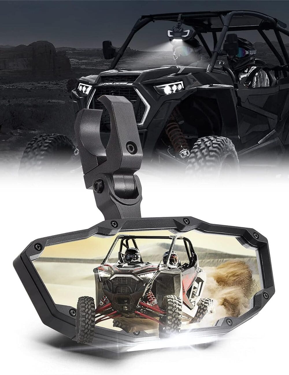Kemimoto Rear View Mirror with Light Built-in Rechargeable Battery fit 1.65" -2" Roll Bar