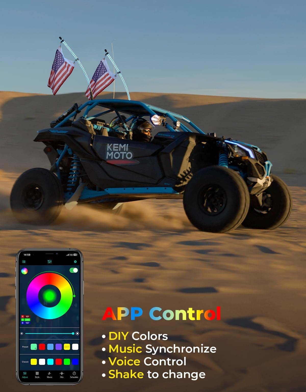 Kemimoto Can-Am Maverick X3 UTV/ATV/Boats 2Pcs 3ft COB Whip Lights w/App & Remote Control