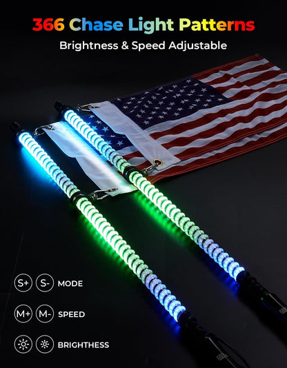 Kemimoto Can-Am Maverick X3 UTV/ATV/Boats 2Pcs 3ft COB Whip Lights w/App & Remote Control
