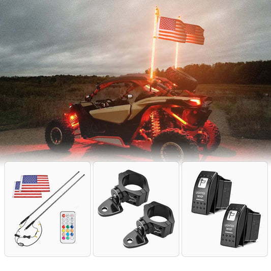 Kemimoto 2Pcs Whip Light & Flag Mount & 12V Switch On-off Spiral Whip Light Set